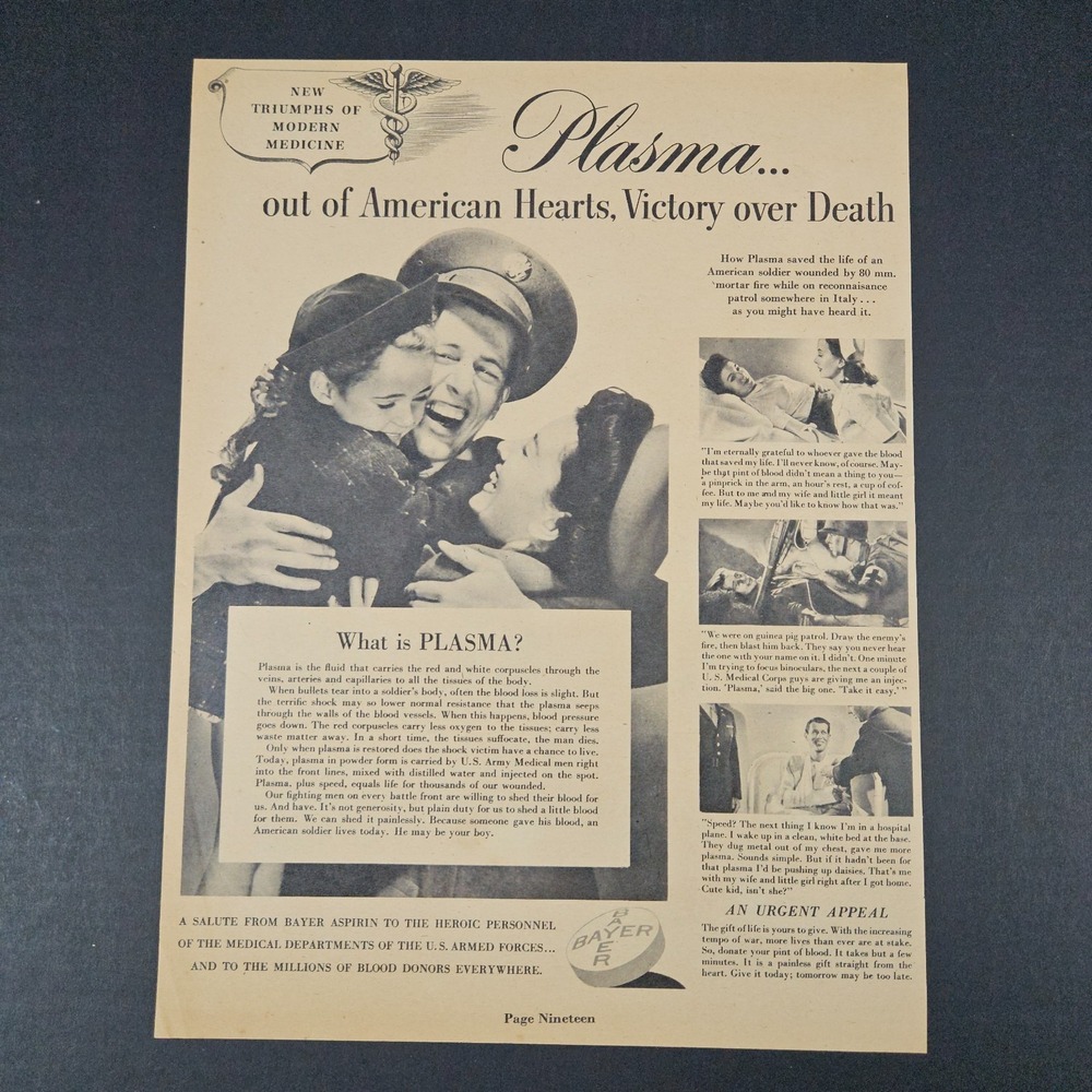 1944 Donate Plasma Bayer Aspirin Vintage Print Ad Soldiers Army Red Cross GI WW2